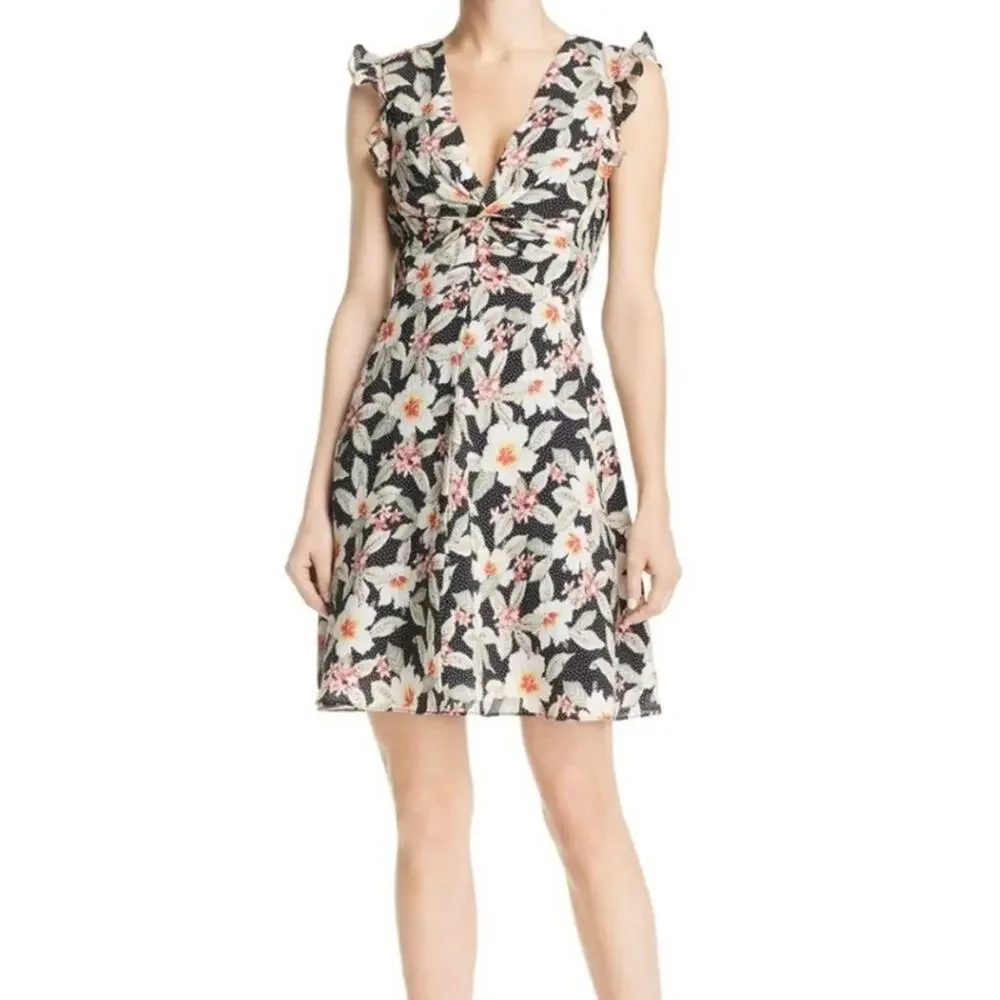 Rebecca Taylor Kamea Fleur Silk V-Neck Floral Mini Dress Smocked Flutter Y2K